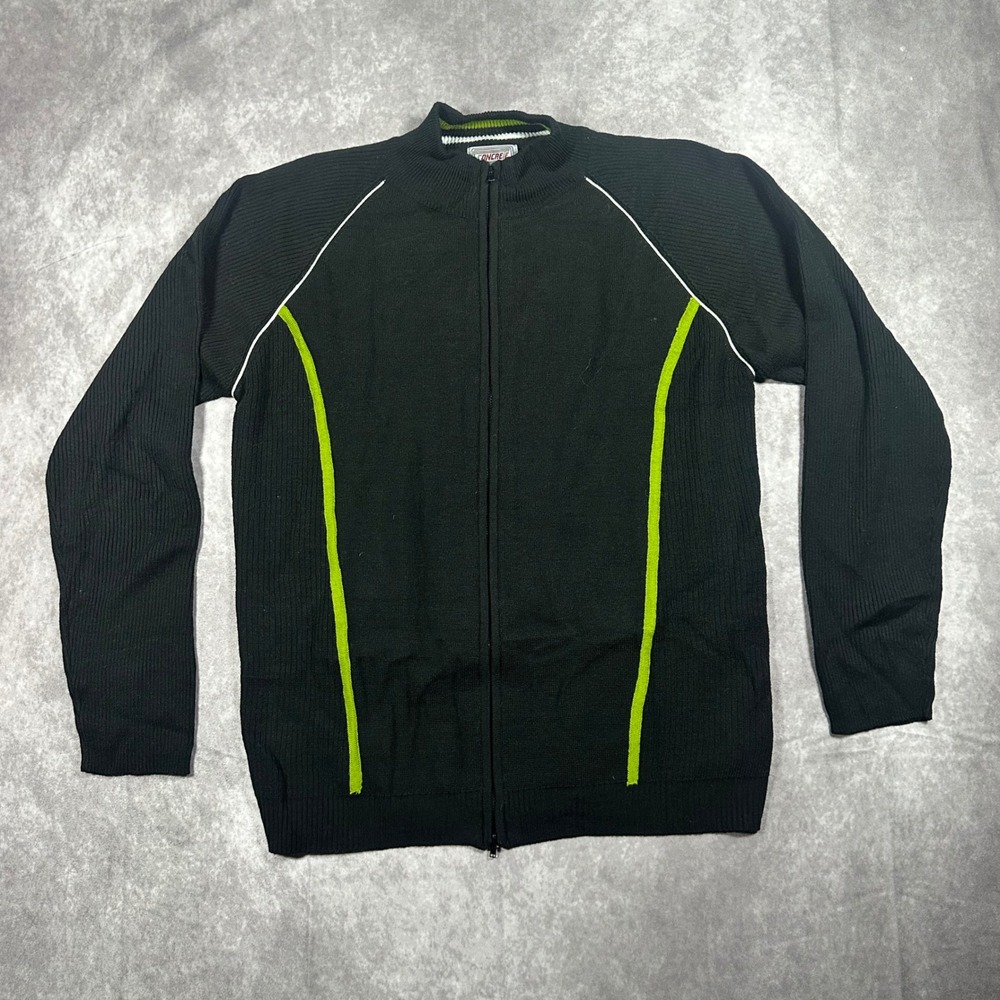 Concrete Mens XL Full Zip Ribbed Sweater Black Neon Green Racing Stripe Y2K Moto
